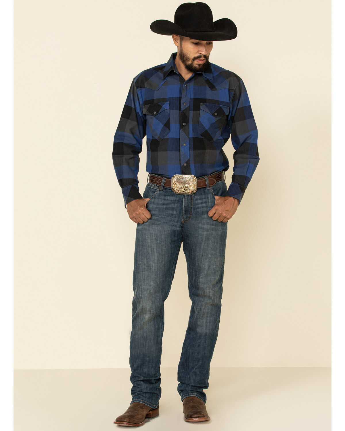 Image #2 - Resistol Men's Montreal Large Plaid Long Sleeve Western Shirt, Blue, hi-res