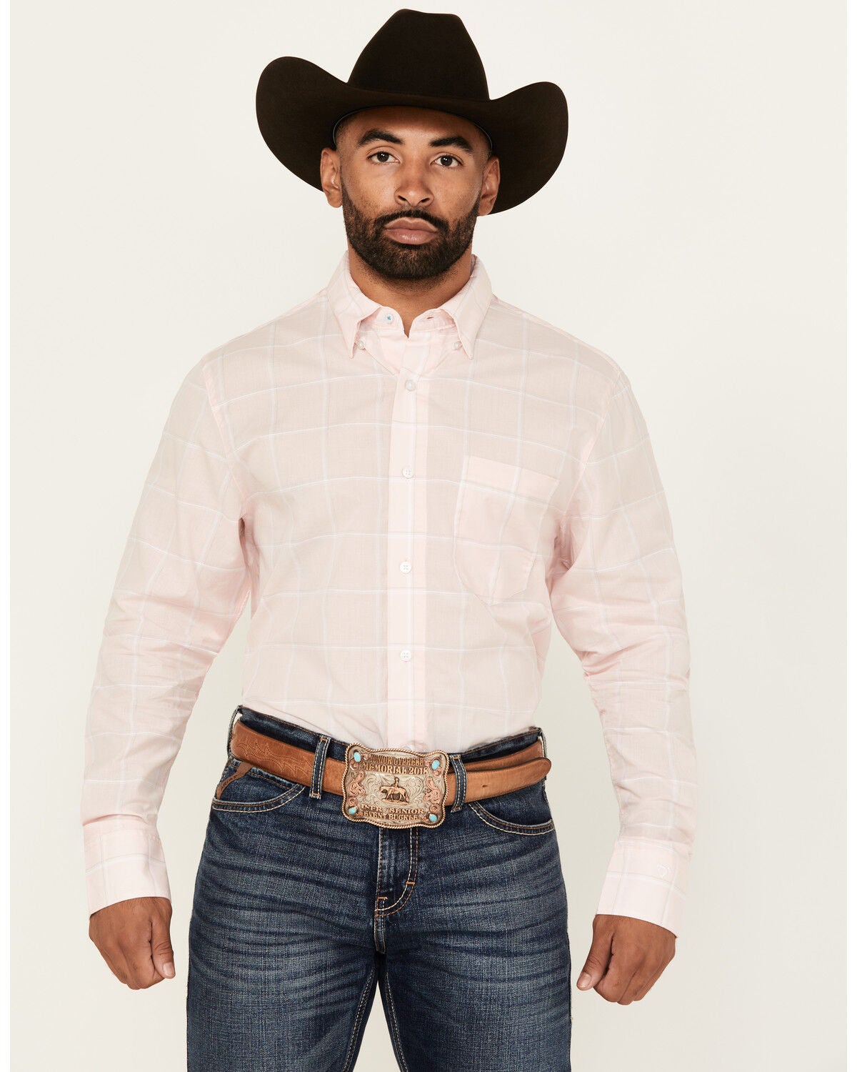 Wrangler X Cody Johnson Men's Checkered Print Long Sleeve Button-Down Western Shirt, Pink, hi-res