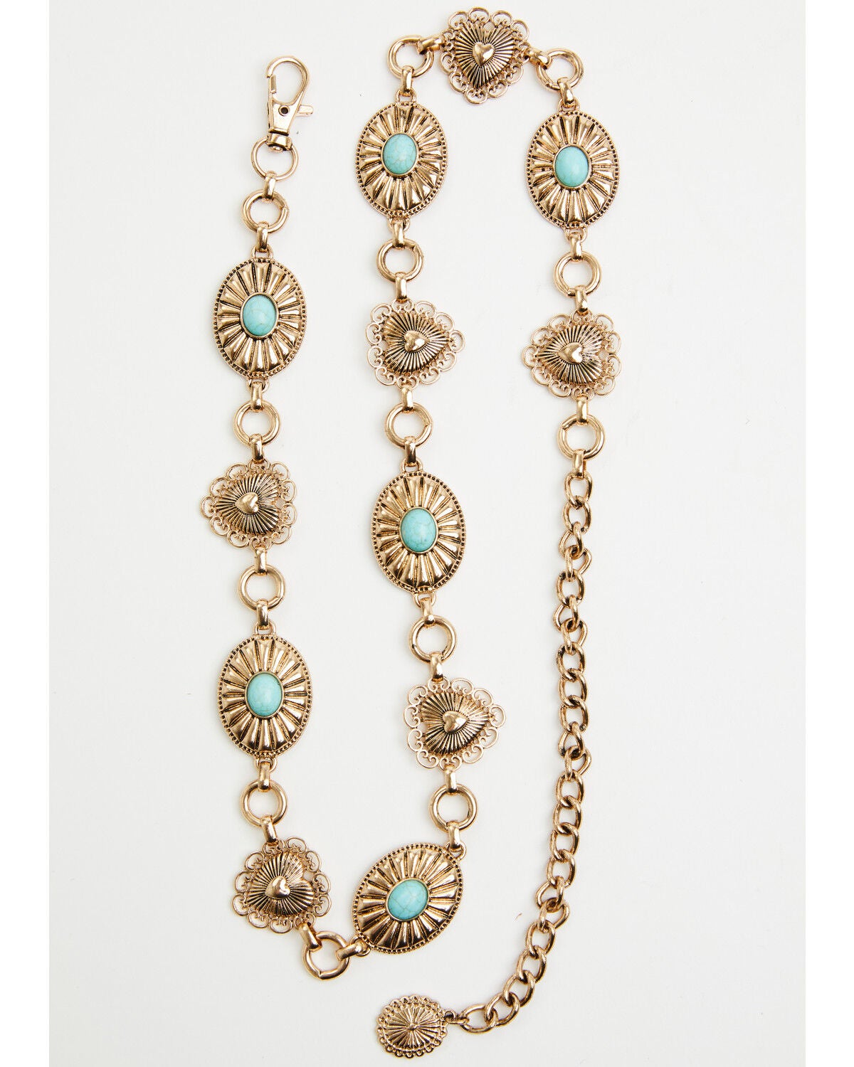 Shyanne Women's Sunburst Heart Concho Chain Belt, Gold, hi-res