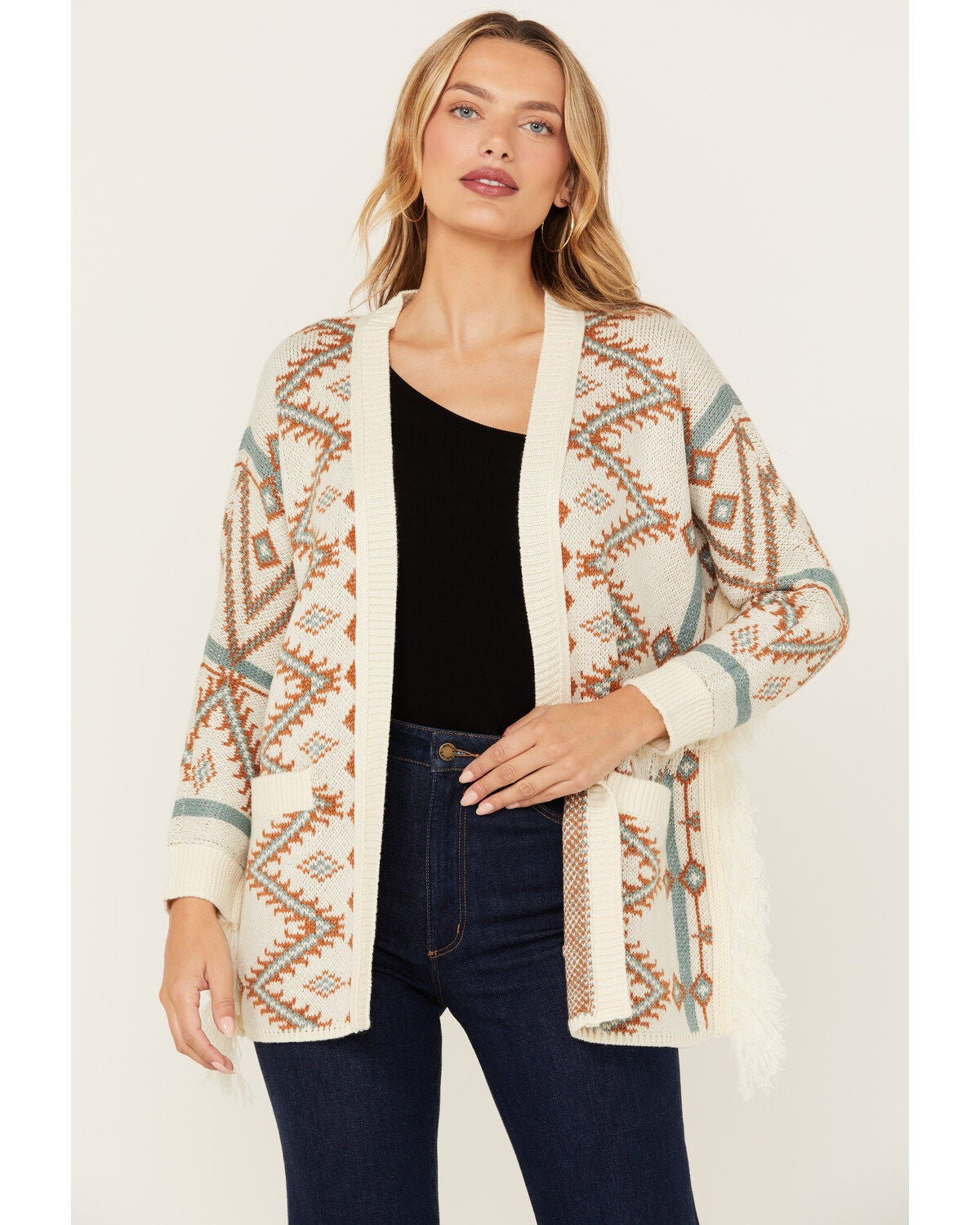 Shyanne Women's Southwestern Print Open Front Fringe Cardigan, Cream, hi-res