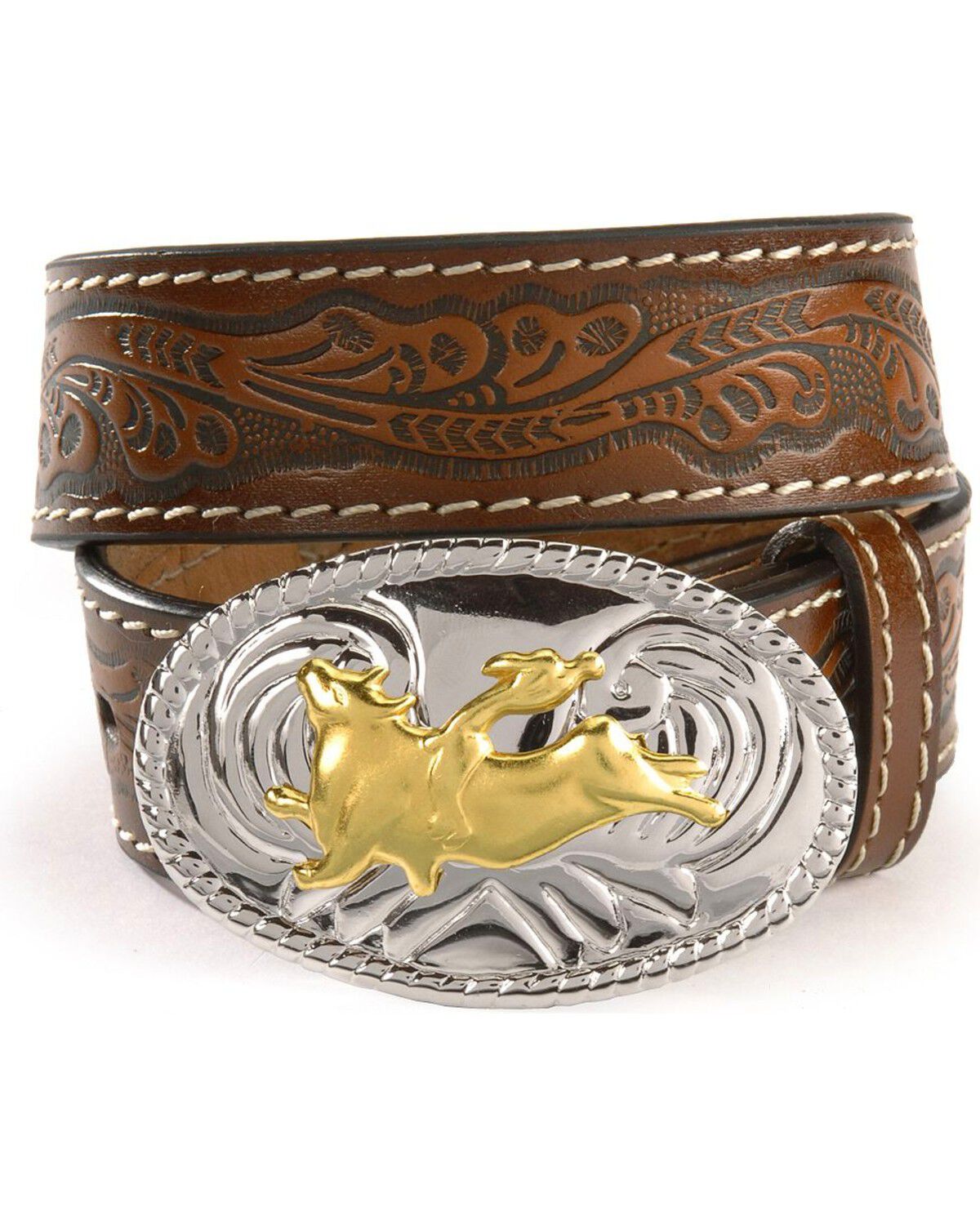 Nocona Boys' Floral Leather Belt, Brown, hi-res