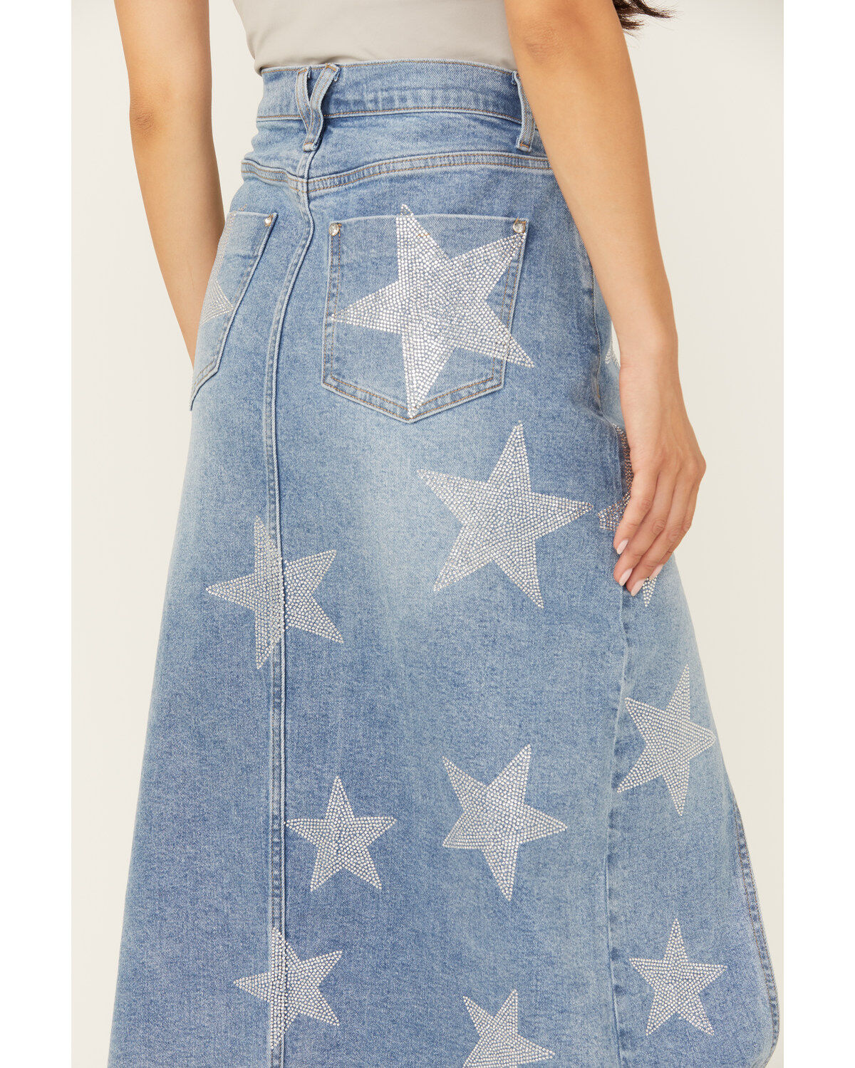 Image #4 - Vibrant Denim Women's Rhinestone Star Medium Wash Mid Length Denim Skirt, , hi-res