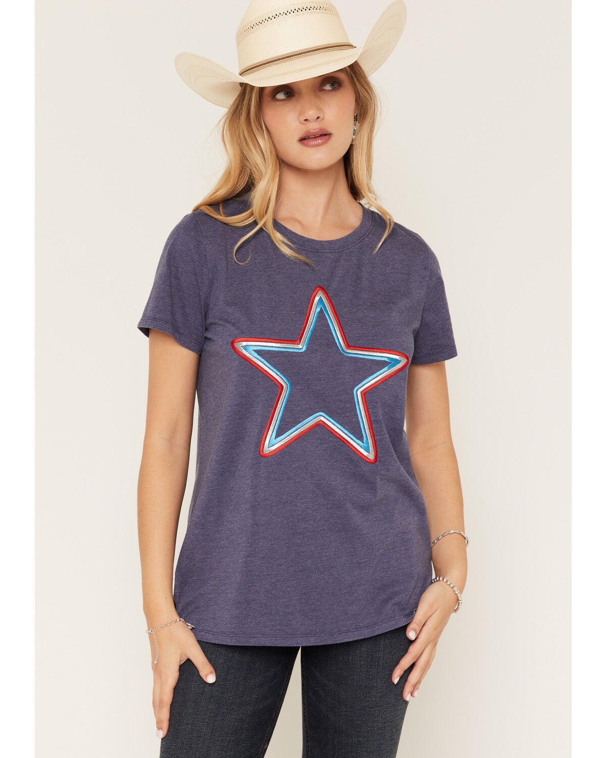 Blended Women's Star Embroidered Short Sleeve Tee, Navy, hi-res