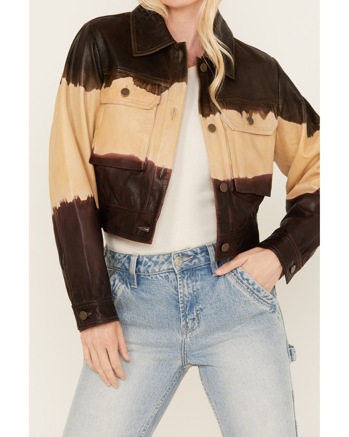 Image #3 - Cleo + Wolf Women's Ombre Cropped Leather Jacket, Sage, hi-res