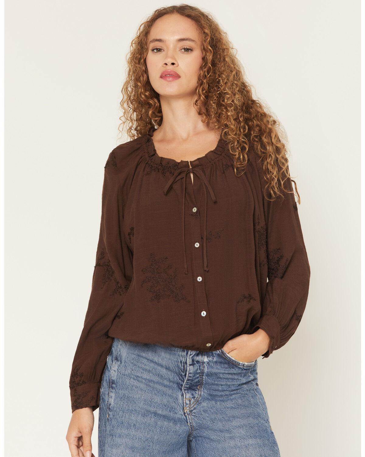 Image #1 - Wild Moss Women's Embroidered Peasant Top, Brown, hi-res