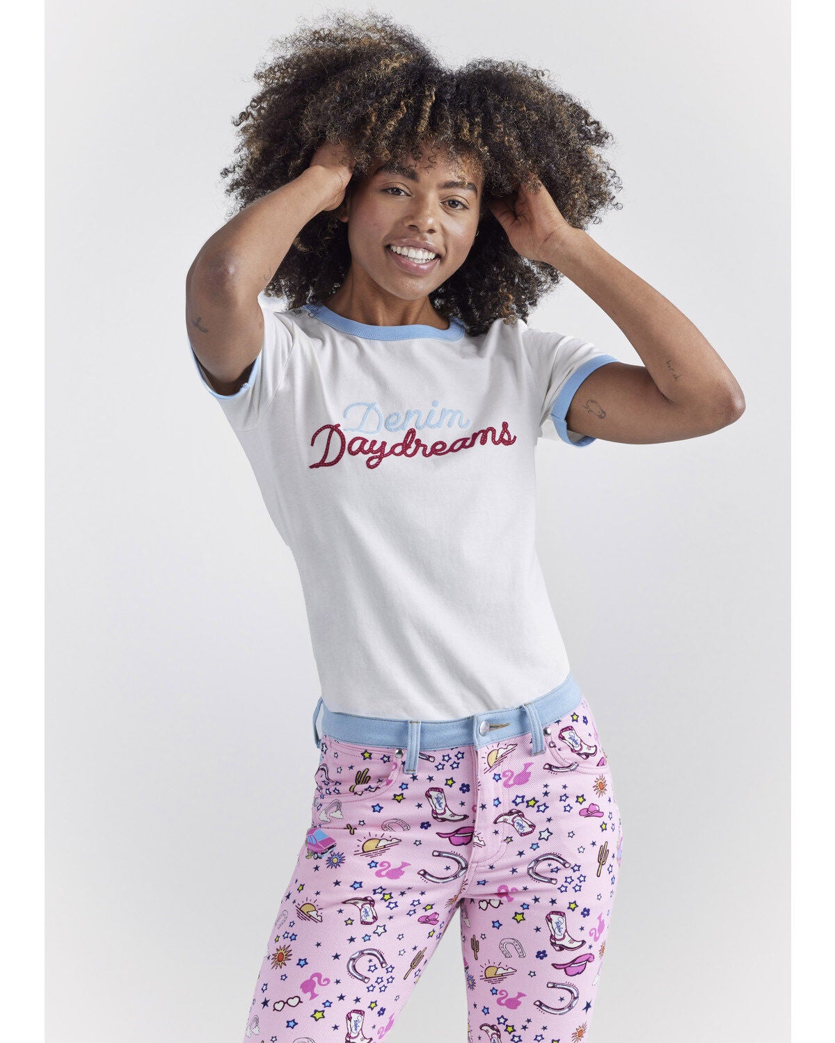 Wrangler&reg; X Barbie&trade; Women's Denim Daydreams Slim Ringer Tee, White, hi-res