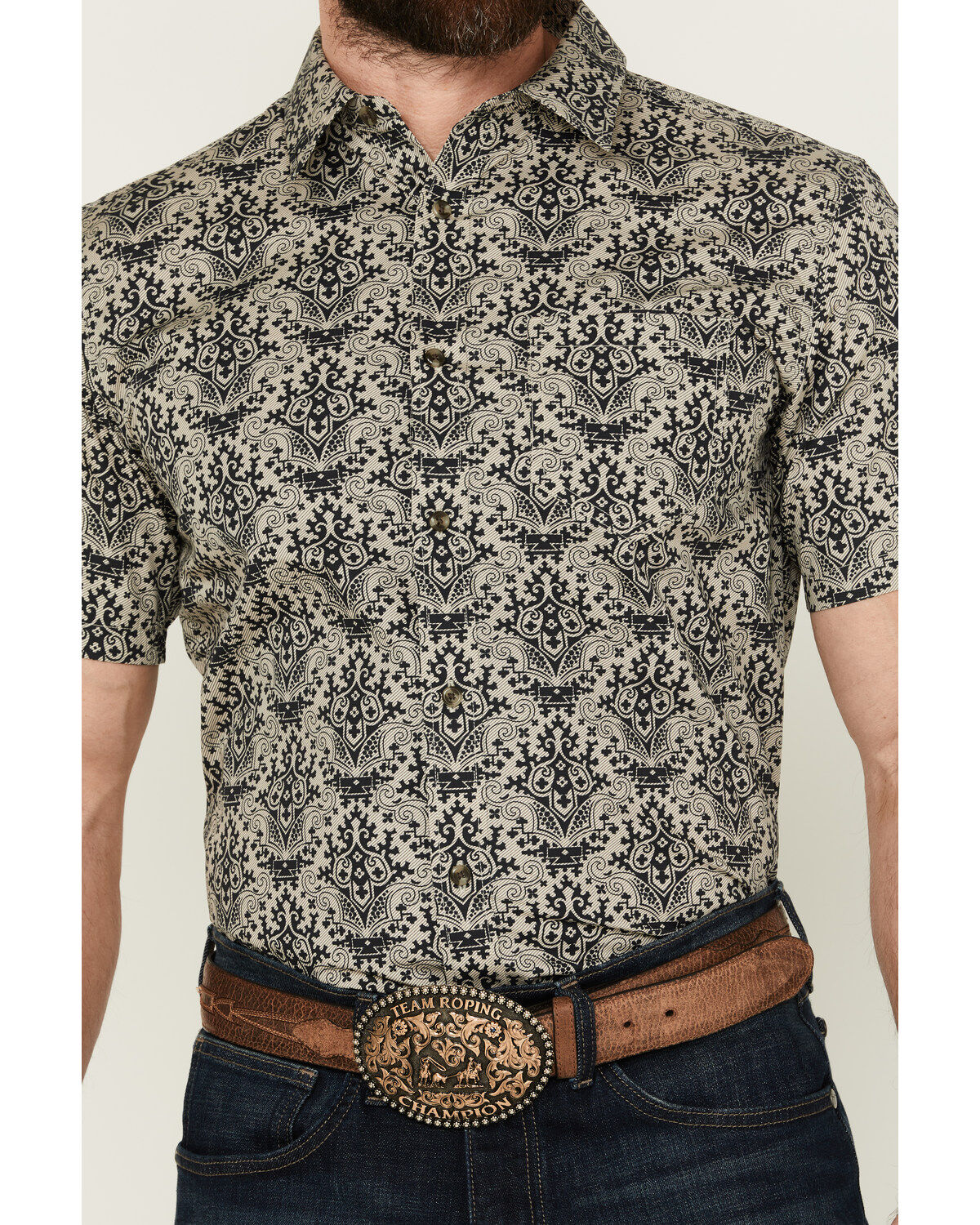 Product Name:  Gibson Men's Queen of Spades Medallion Print Short Sleeve Button-Down Western Shirt