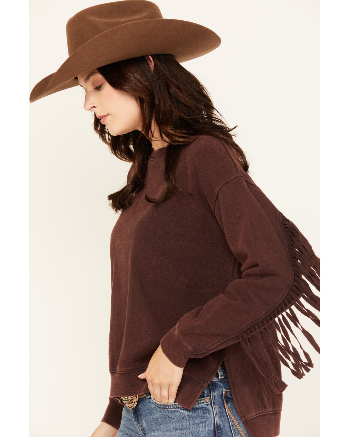 Image #2 - Shyanne Women's Solid High-Low Fringe Long Sleeve Shirt, Chocolate, hi-res