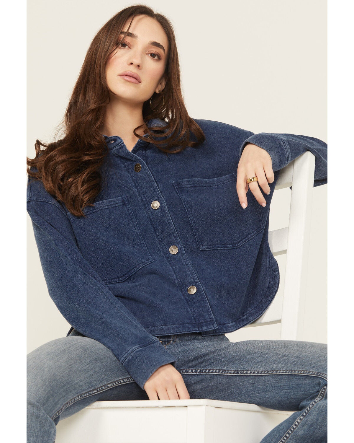 White Crow Women's Denim Knit Long Sleeve Button-Down Cropped Shacket, Dark Blue, hi-res