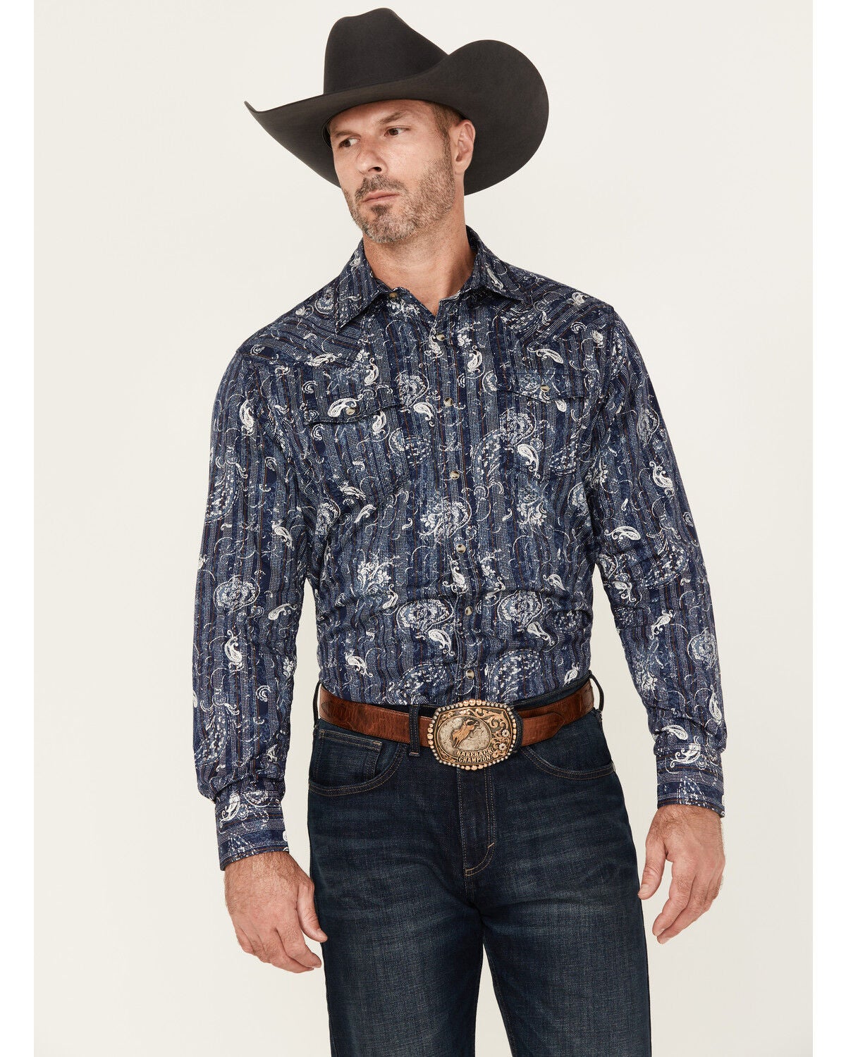 Wrangler Retro Men's Paisley Print Long Sleeve Snap Western Shirt, Navy, hi-res