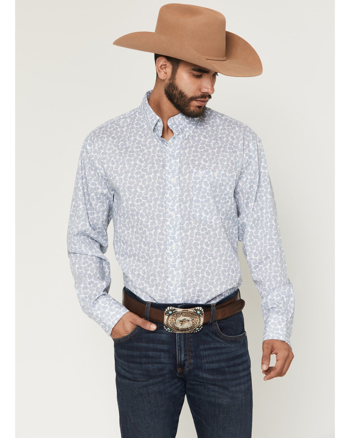 Wrangler Men's Paisley Print Long Sleeve Button-Down Stretch Western Shirt, White, hi-res