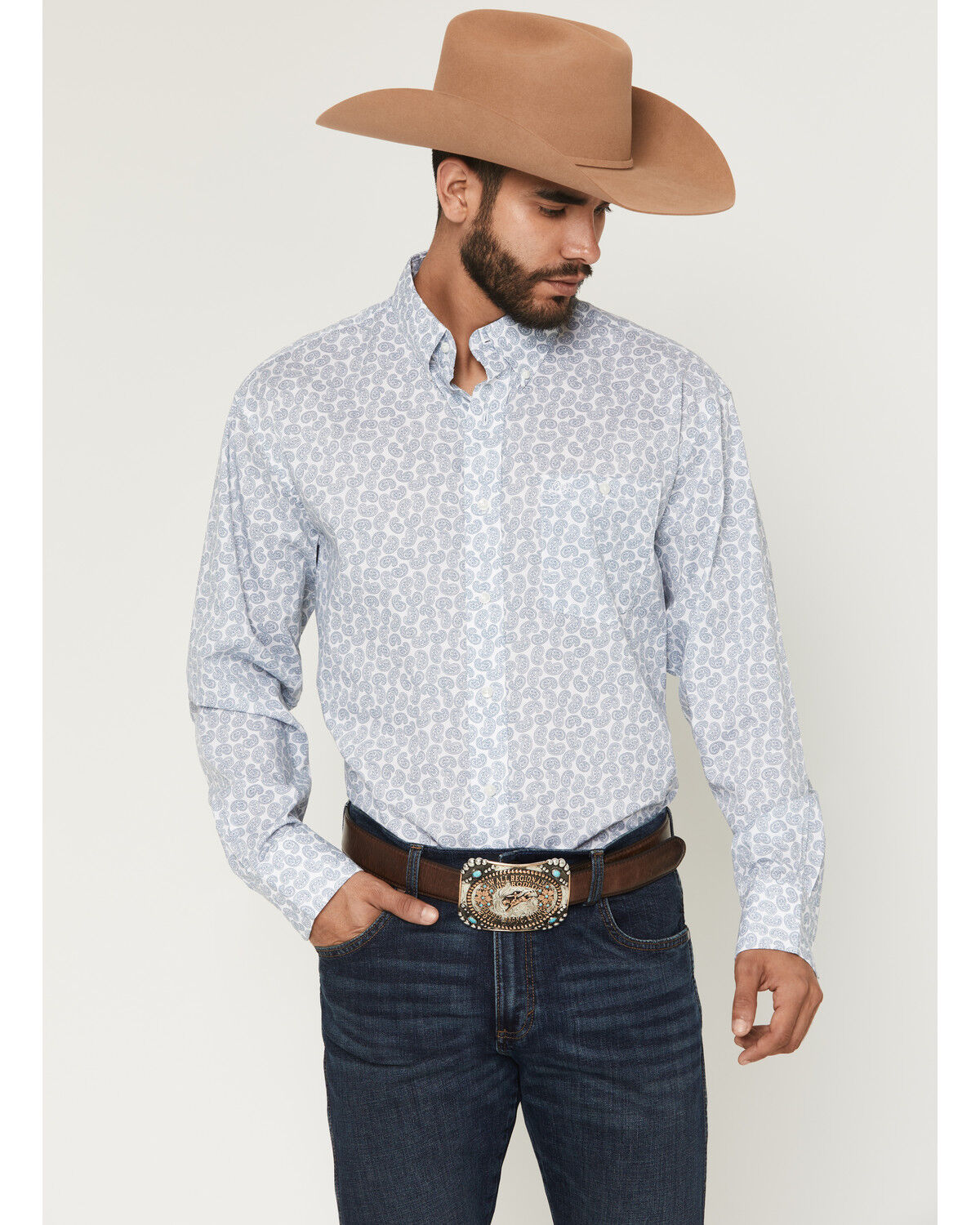 Image #1 - Wrangler Men's Paisley Print Long Sleeve Button-Down Stretch Western Shirt, White, hi-res