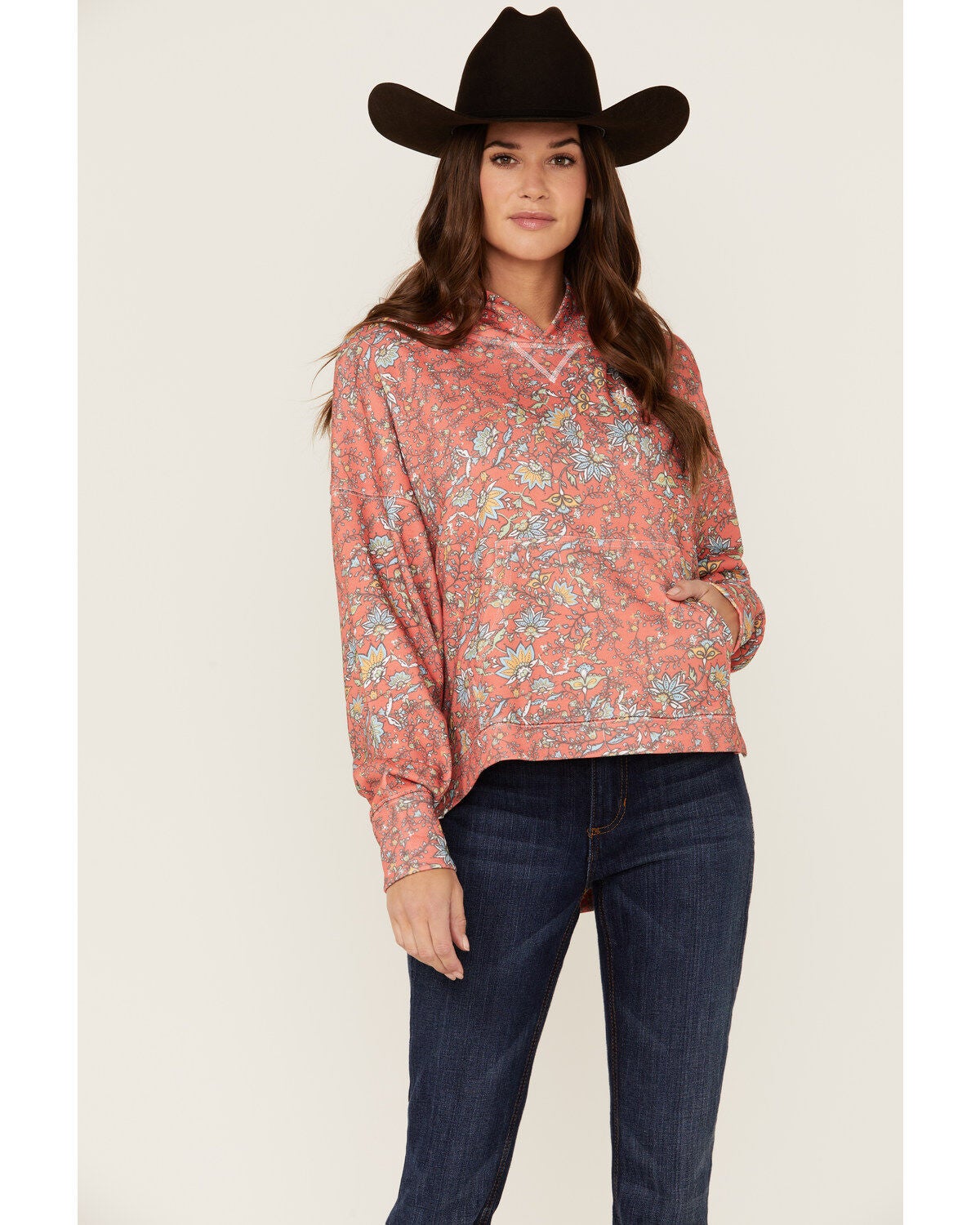 Hooey Women's Oversized Allover Floral Print Red Hoodie, Red, hi-res