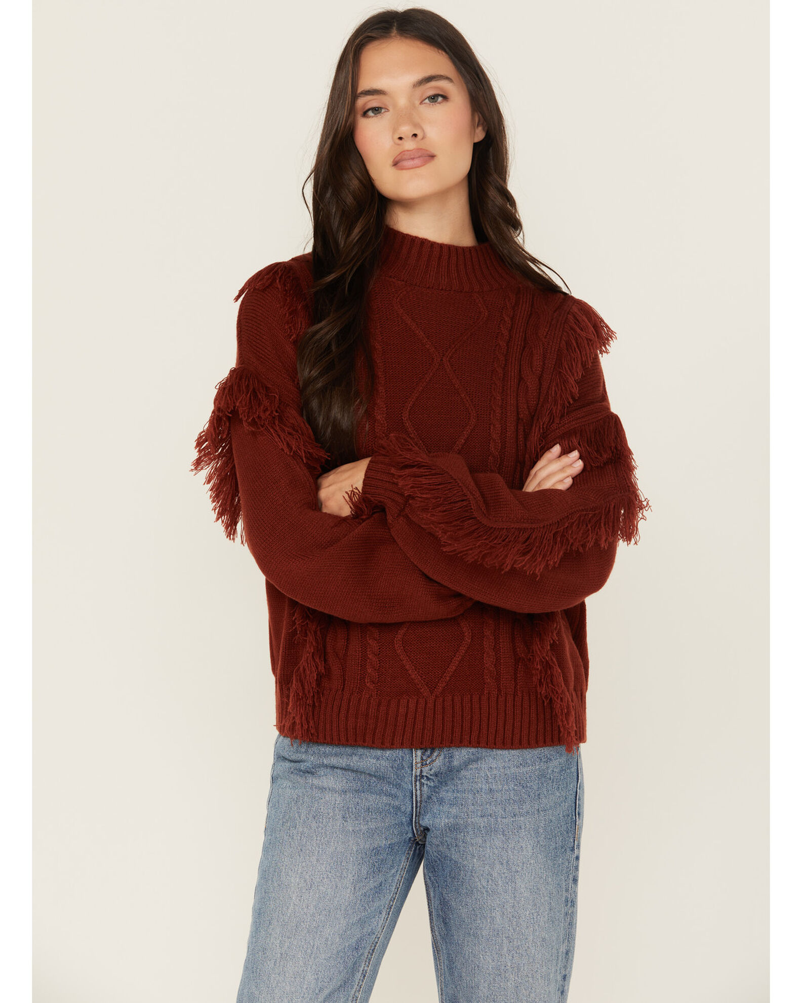 Product Name: Rock & Roll Denim Women's Fringe Cable Knit Sweater