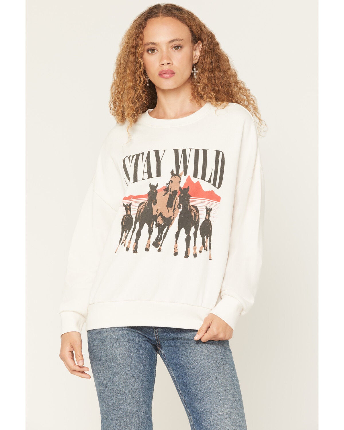 White Crow Women's Stay Wild Horse Print Crewneck Sweatshirt, White, hi-res