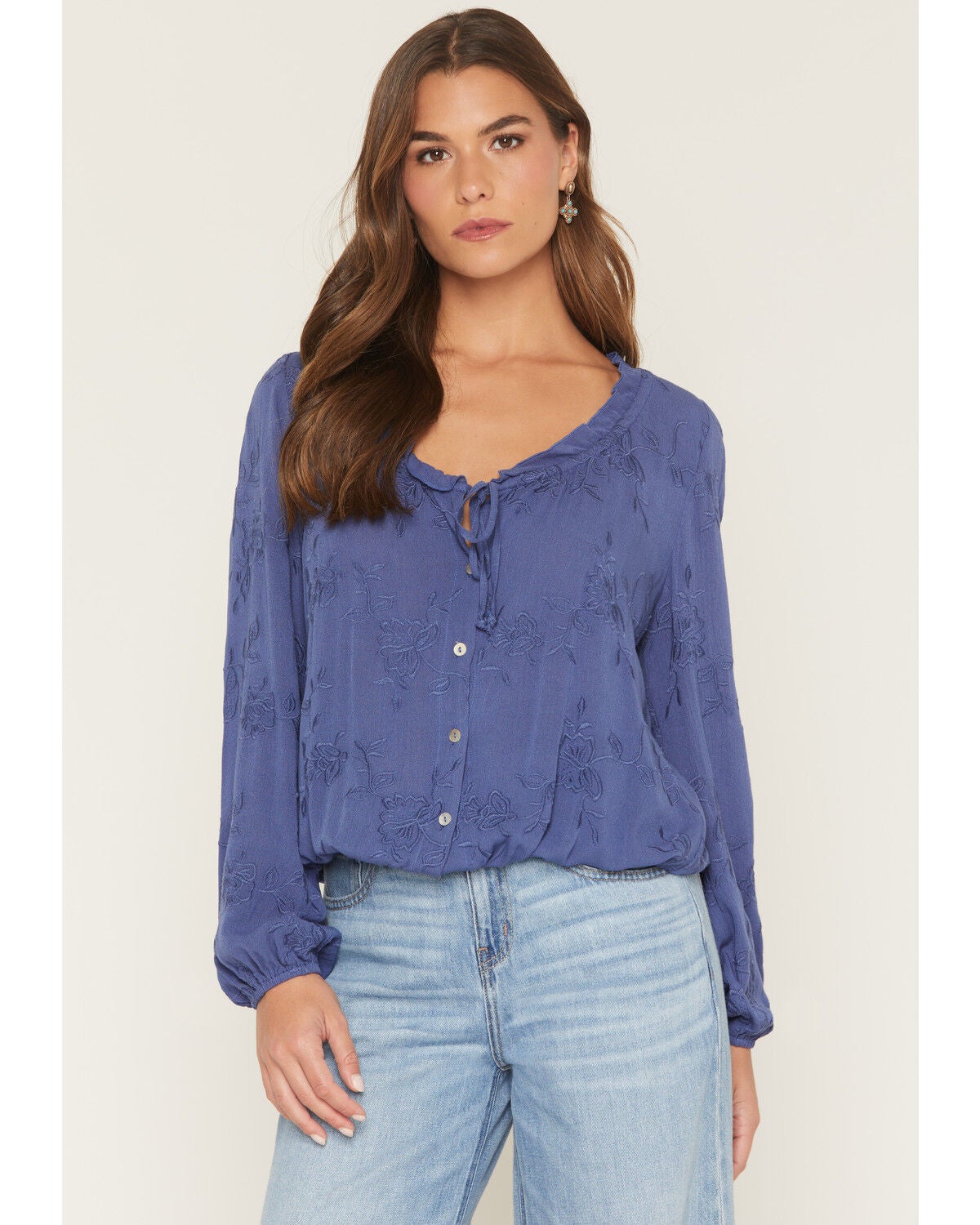 Wild Moss Women's Button-Front Embroidered Long Sleeve Peasant Top, Blue, hi-res