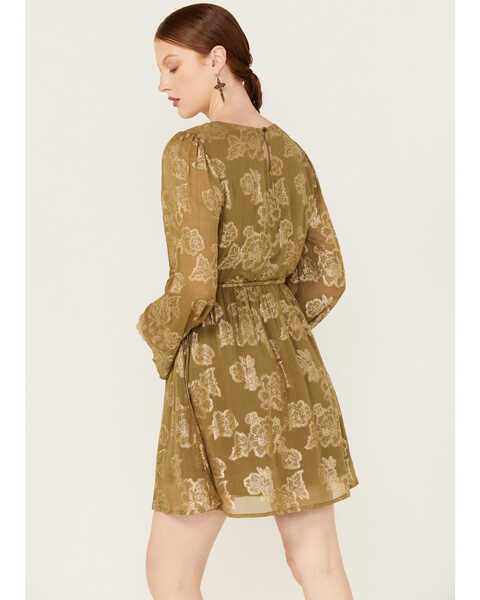 Image #4 - En Creme Women's Floral Metallic Long Sleeve Mini Dress, Olive, hi-res