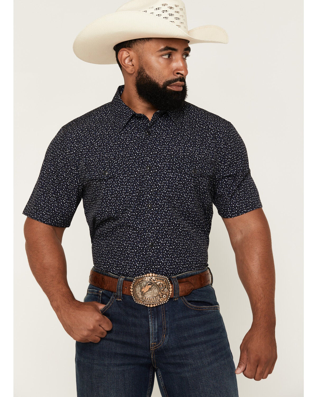 Image #1 - RANK 45&reg; Men's Rodeo Tech 2.0 8 Spec Geo Print Short Sleeve Snap Stretch Performance Shirt, Black, hi-res