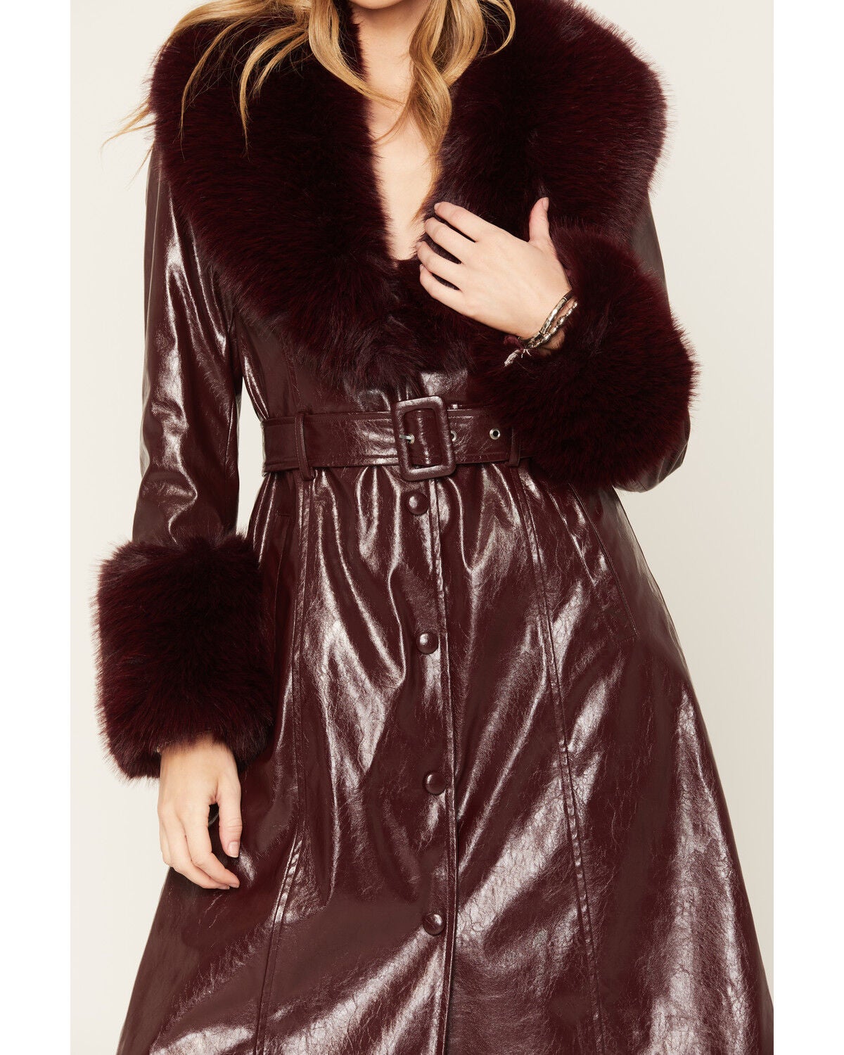 Image #3 - Azalea Wang Women's Kaya Faux Fur Crinkle Coat, Burgundy, hi-res