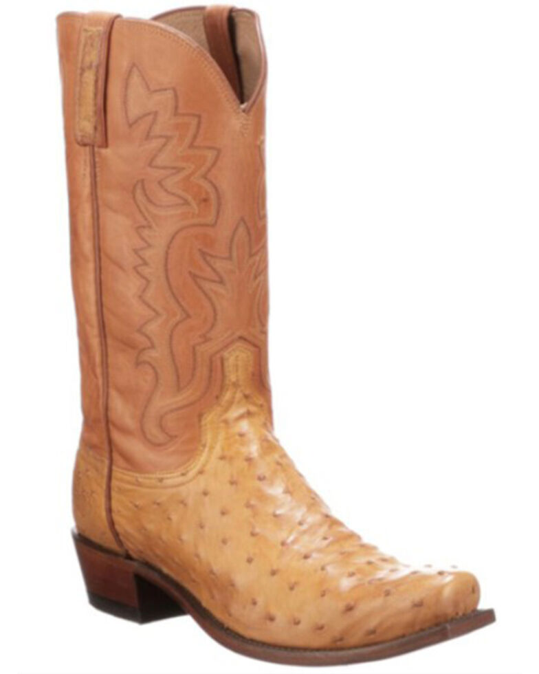 Lucchese Men's Exotic Ostrich Skin Burn Ranch Western Boots - Snip Toe, Sand, hi-res