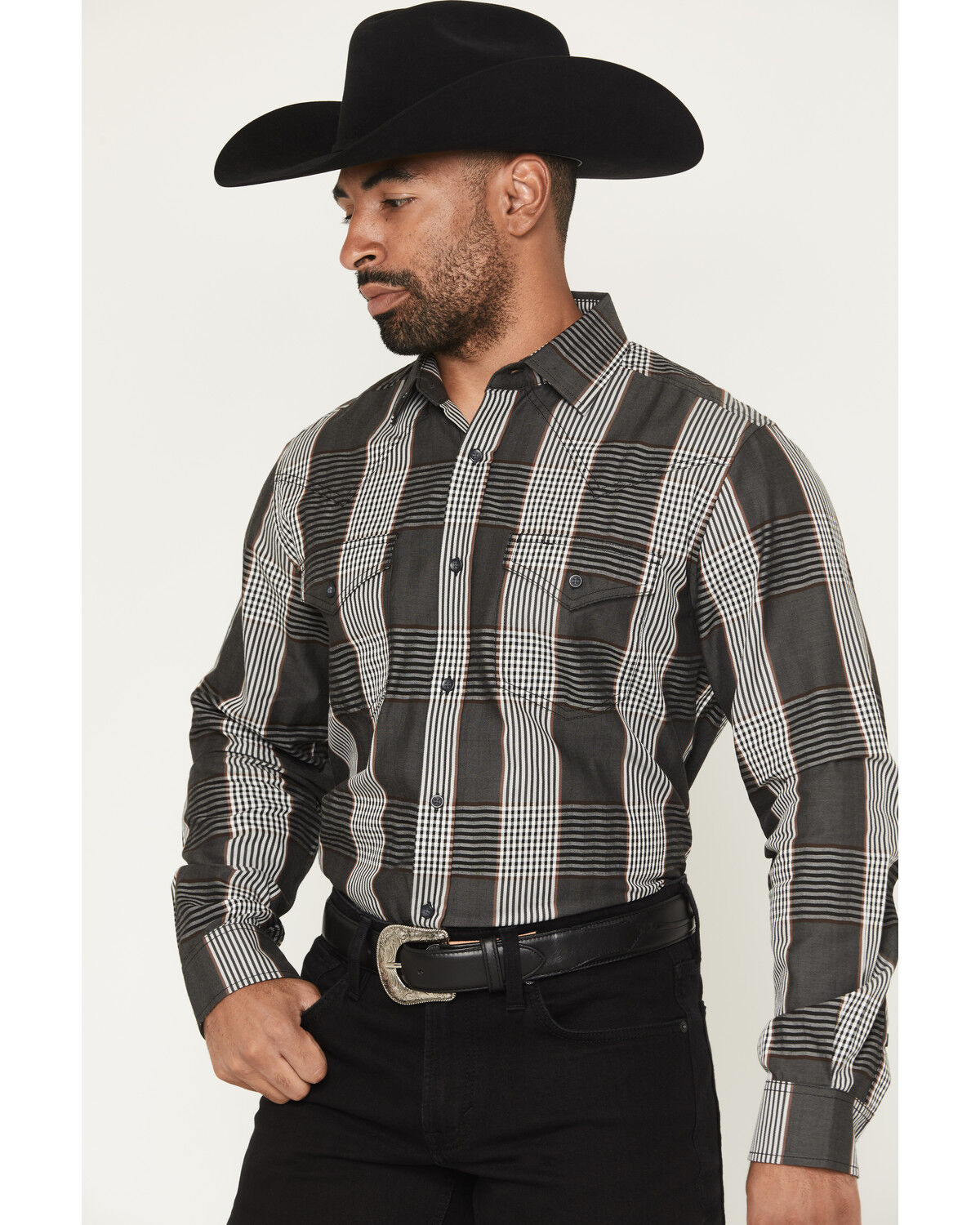Image #2 - Cody James Black 1978™ Men's Ace Plaid Print Long Sleeve Button-Down Western Shirt, Charcoal, hi-res