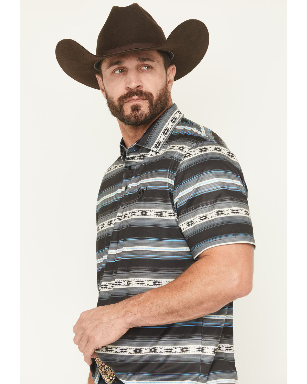 Image #2 - Cowboy Hardware Men's Southwestern Striped Print Short Sleeve Snap Polo, Black, hi-res