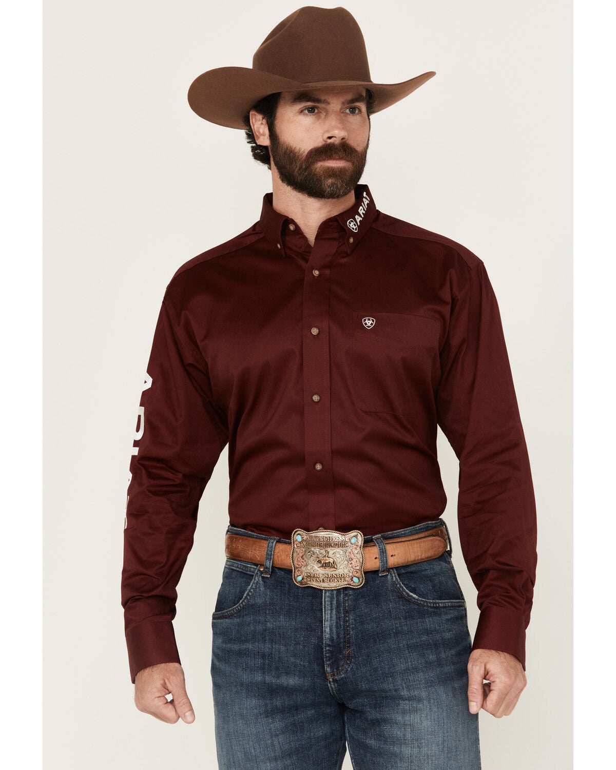 Ariat Men's Burgundy Team Logo Solid Twill Long Sleeve Western Shirt, Multi, hi-res