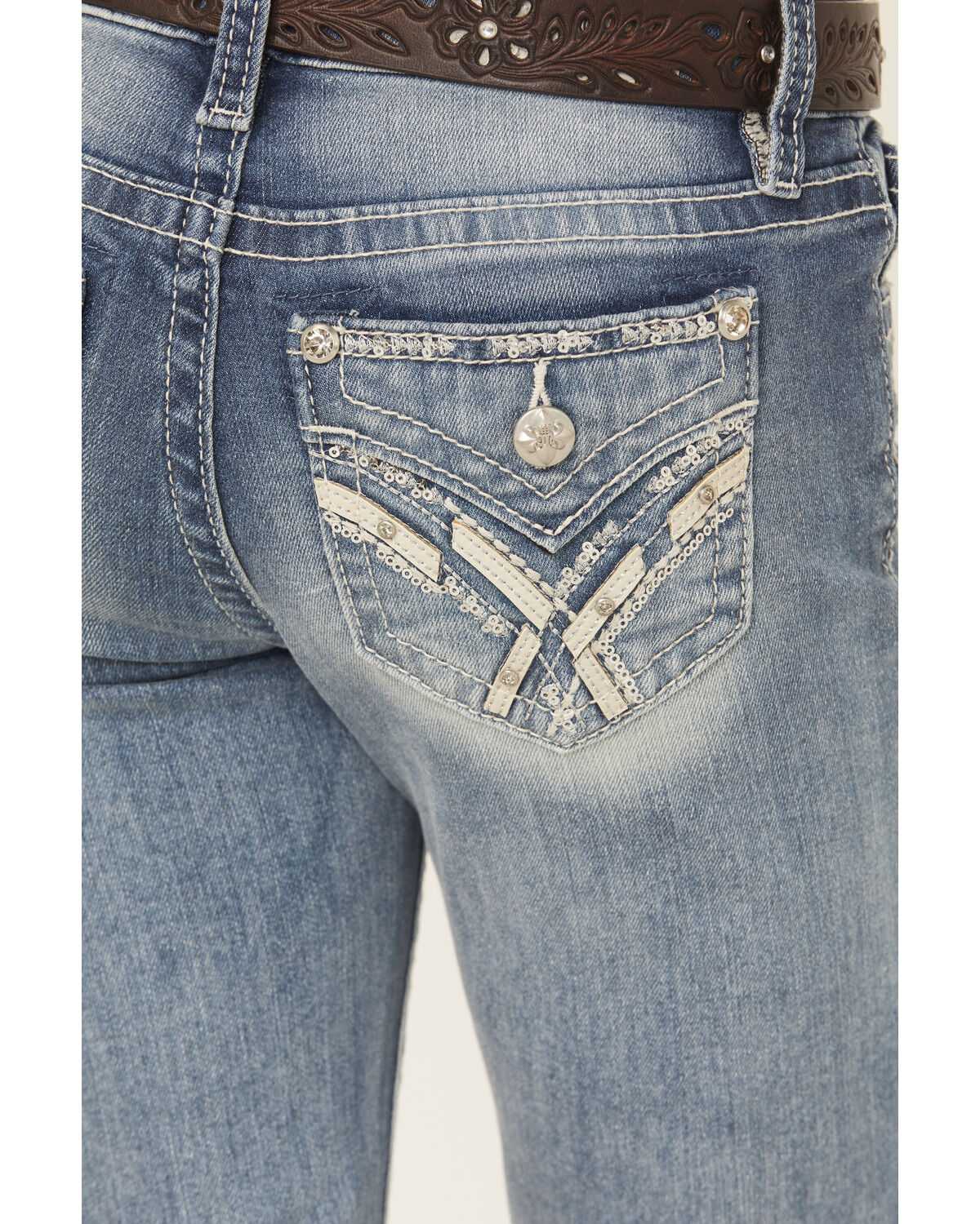 Product Name:  Miss Me Girls' Criss Cross Dark Wash Bootcut Stretch Denim Jeans