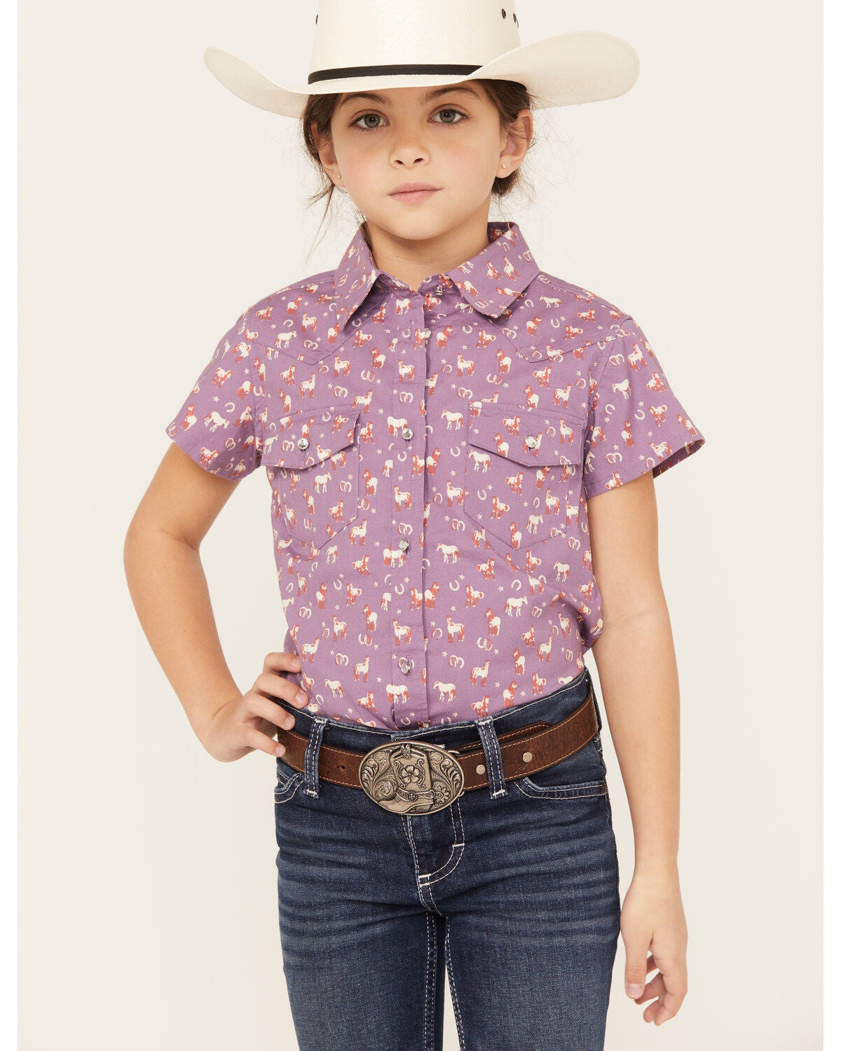 Image #1 - Shyanne Girls' Printed Short Sleeve Button-Down Western Stretch Shirt, , hi-res