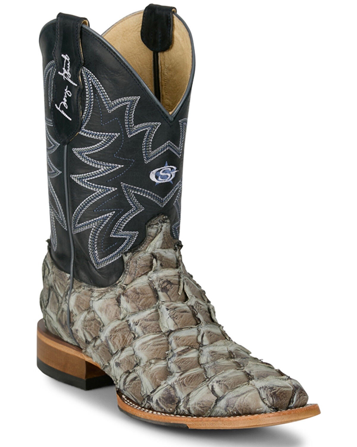 Justin Men's Ocean View Exotic Pirarucu Western Boots - Broad Square Toe, Grey, hi-res