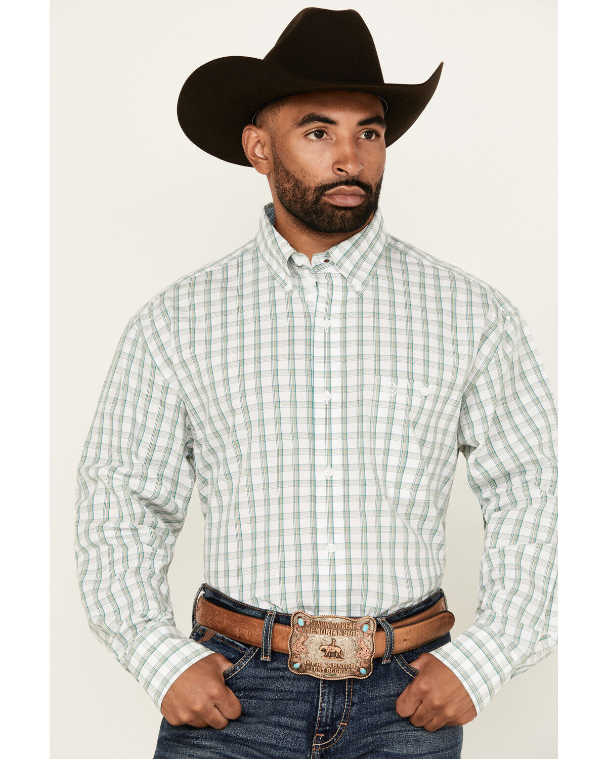 Image #1 - George Strait by Wrangler Men's Plaid Print Long Sleeve Button-Down Stretch Western Shirt, White, hi-res