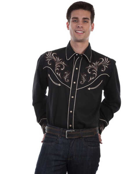 Scully Men's Scroll Embroidered Yoke Long Sleeve Pearl Snap Western Shirt - Big , Black, hi-res