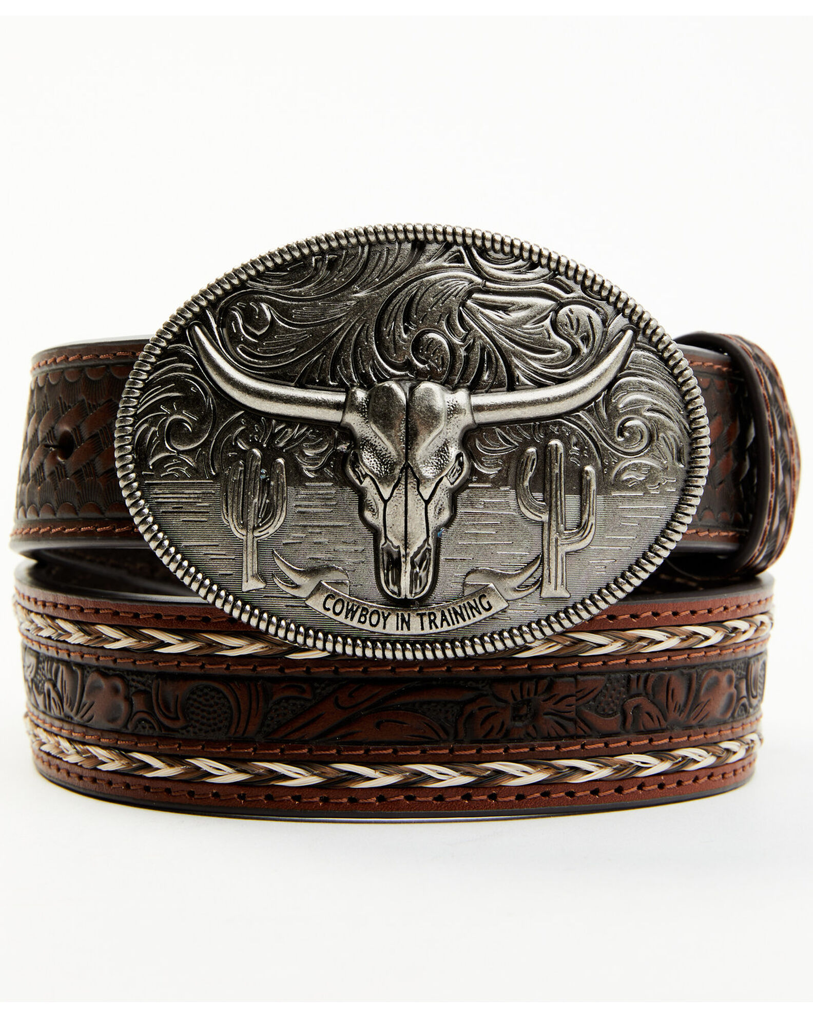 Image #1 - Cody James Boys' Longhorn Tooled Belt, Brown, hi-res