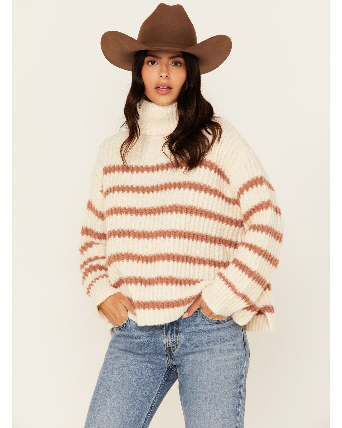 Sadie & Sage Women's Striped Turtleneck Sweater, Ivory, hi-res