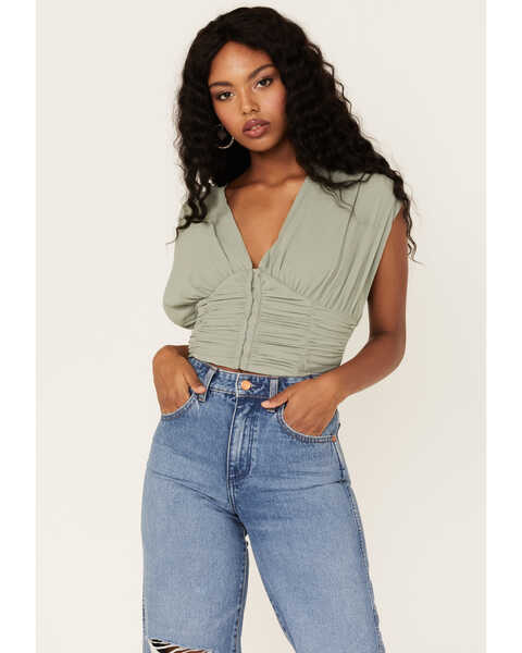 Free People Women's Aria Ruched Corset Crop Top, Olive, hi-res