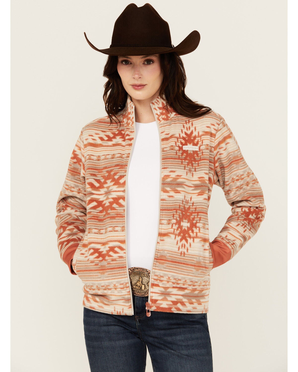 Cinch Women's Southwestern Print Fleece Long Sleeve Jacket, Stone, hi-res