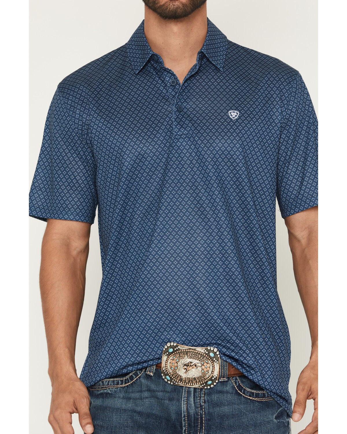 Image #3 - Ariat Men's AriatTEK Medallion Print Short Sleeve Polo, Dark Blue, hi-res