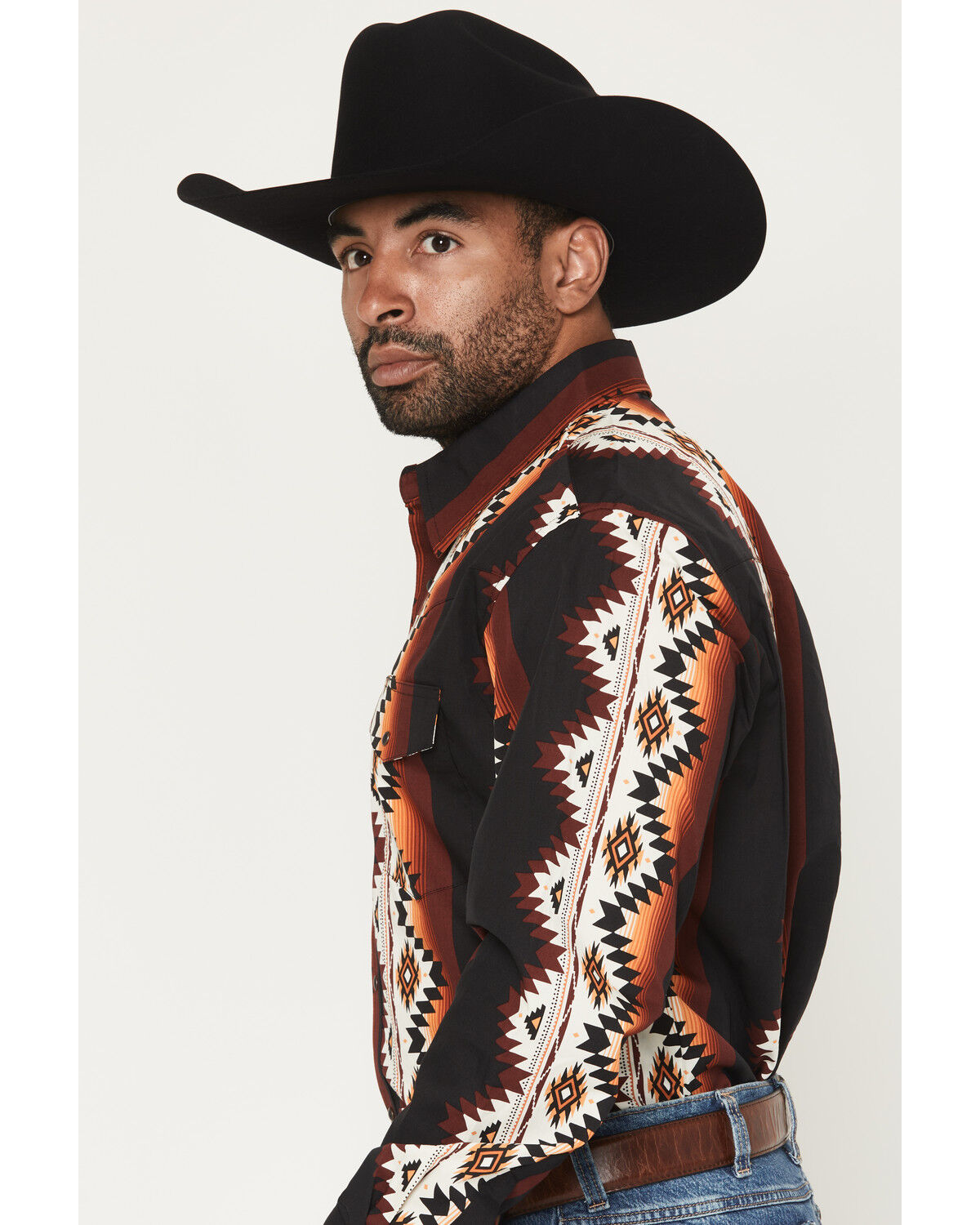 Image #2 - Wrangler Men's Checotah Southwestern Print Long Sleeve Snap Western Shirt, Black, hi-res