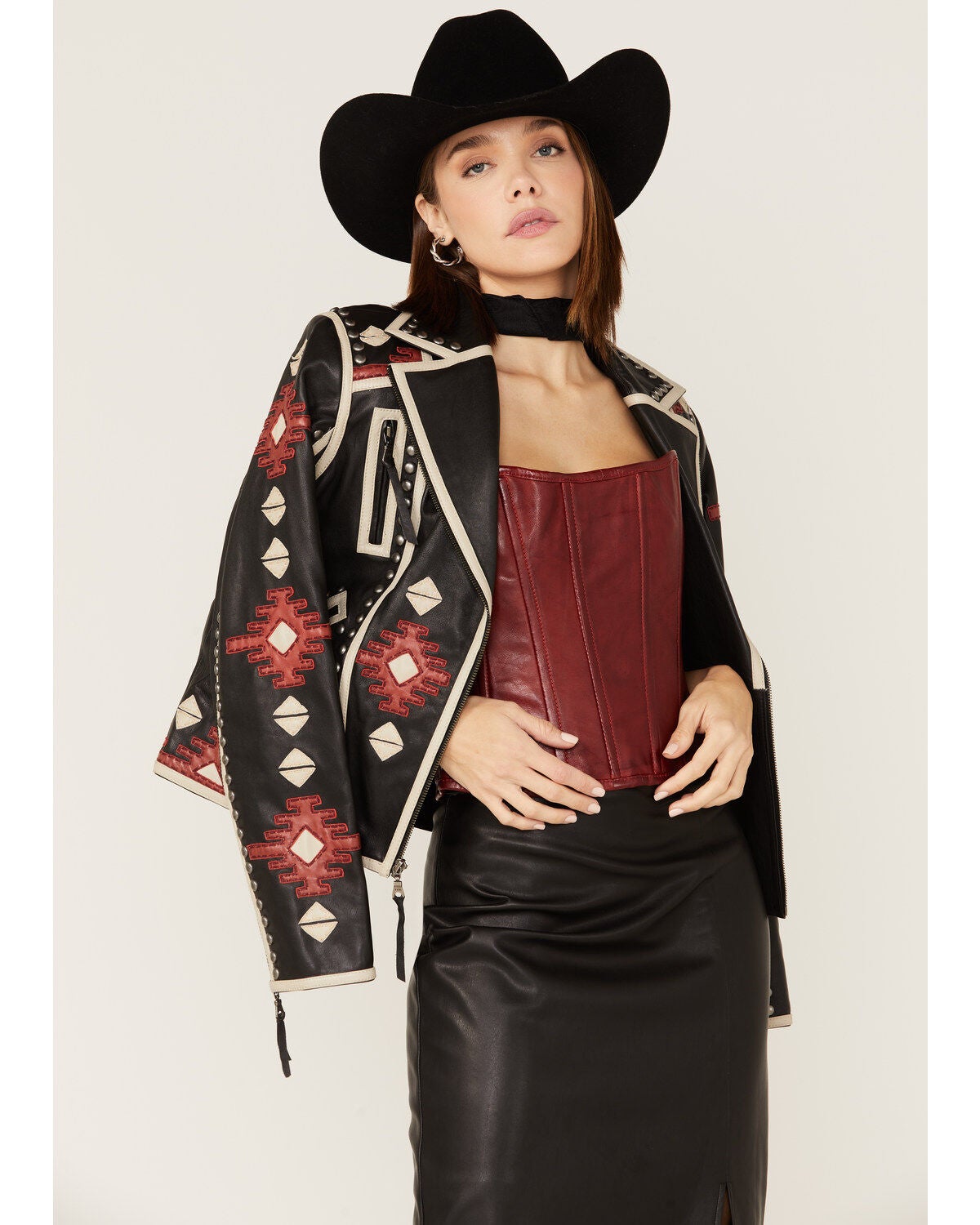 Image #2 - Double D Ranch Women's Chilli Pantine Studded Southwestern Leather Jacket, , hi-res