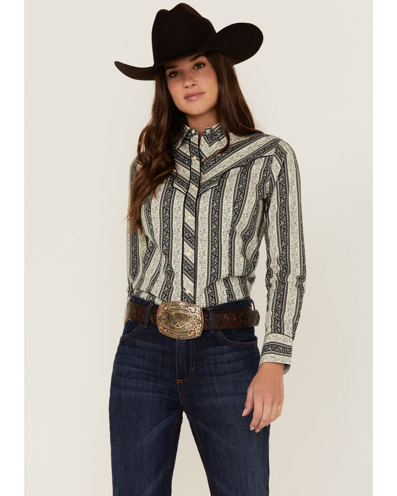 Panhandle Women's Floral Stripe Western Snap Shirt, Grey, hi-res