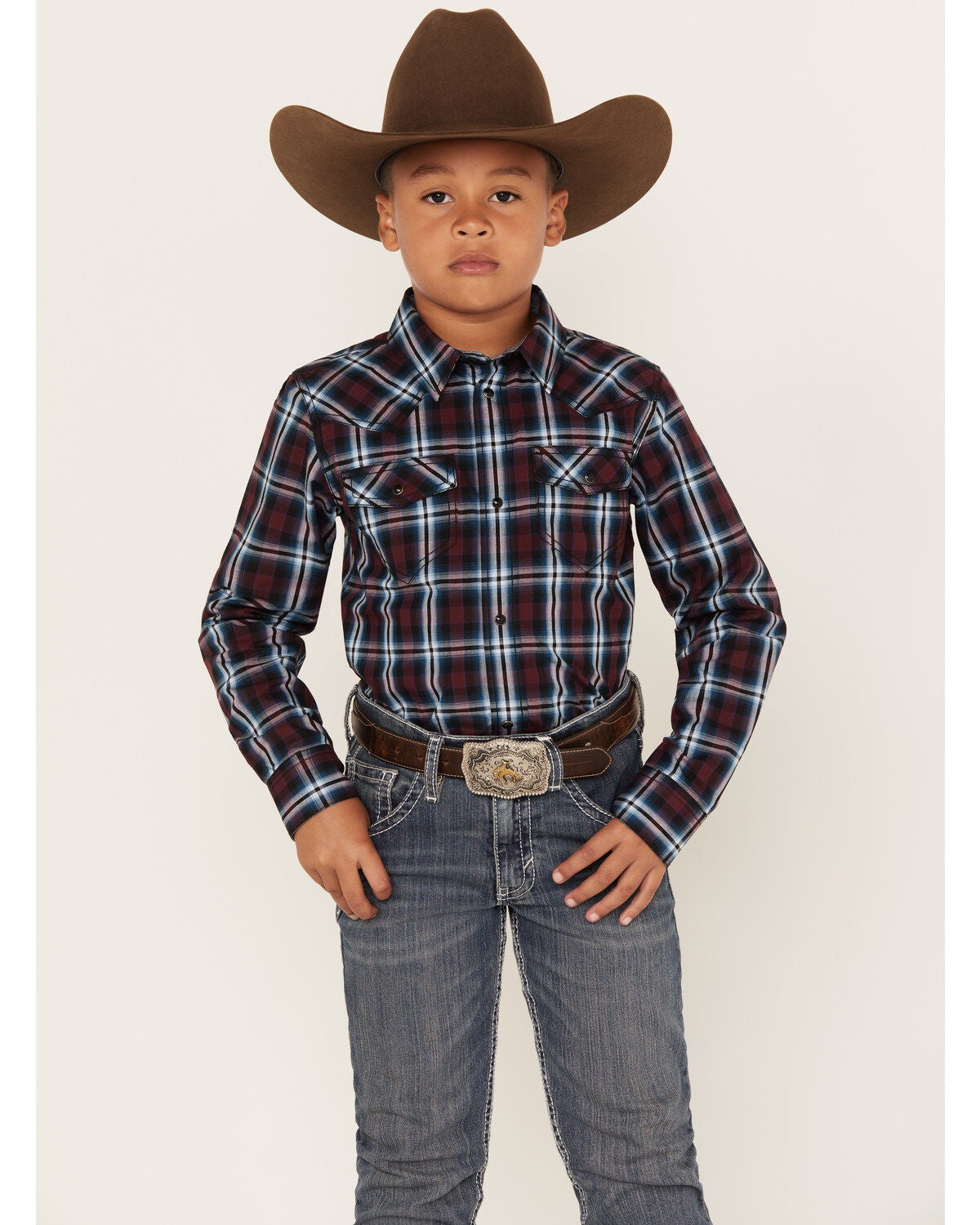 Cody James Boys' Plaid Print Long Sleeve Snap Western Shirt, Red, hi-res