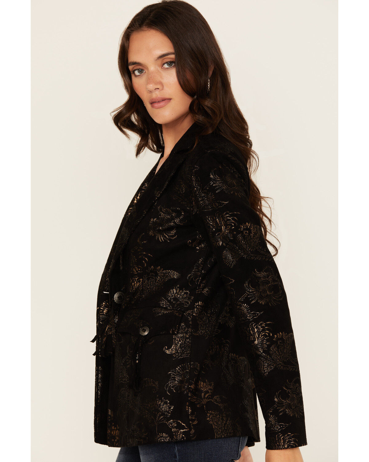 Image #2 - Shyanne Women's Metallic Printed Faux Suede Blazer, Black, hi-res