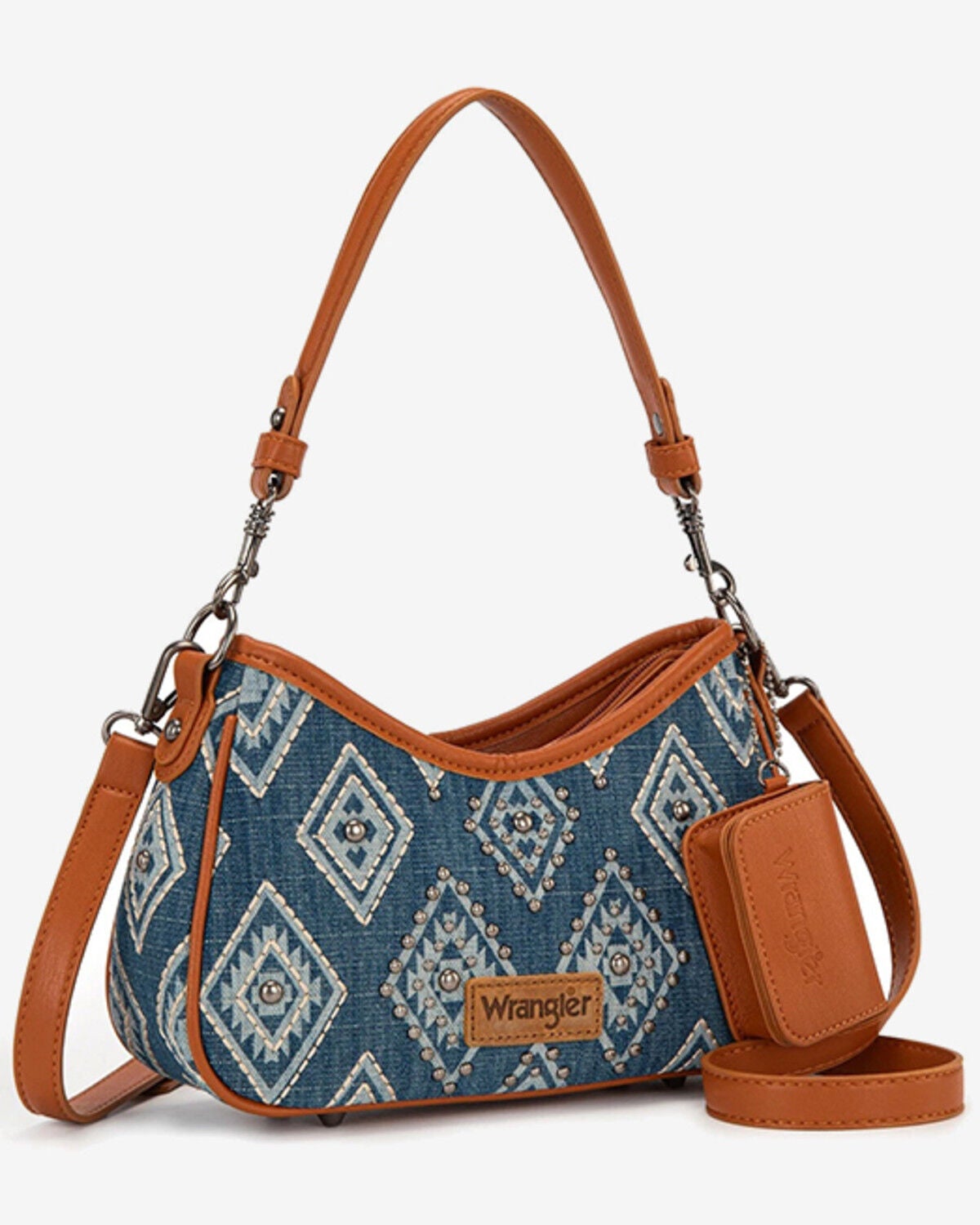 Wrangler Women's Southwestern Print Studded Denim Shoulder Bag with Mini Pouch, Dark Wash, hi-res