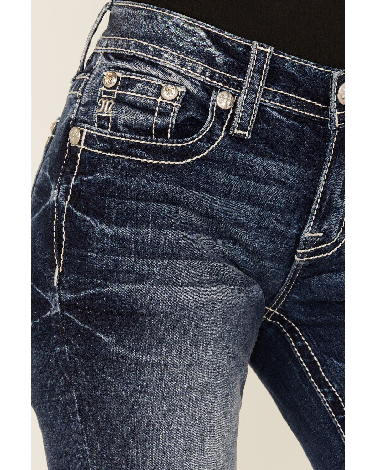 Image #4 - Miss Me Women's Dark Wash Mid Rise Steer Head Pocket 32" Bootcut Stretch Denim Jeans, Dark Wash, hi-res