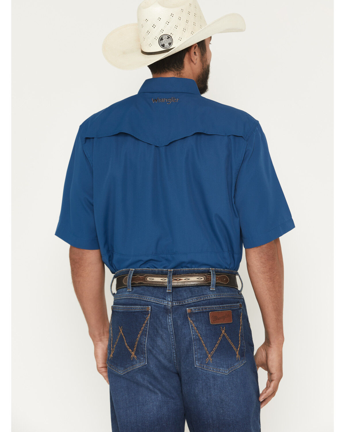 Image #4 - Wrangler Men's Solid Short Sleeve Snap Performance Western Shirt, Blue, hi-res