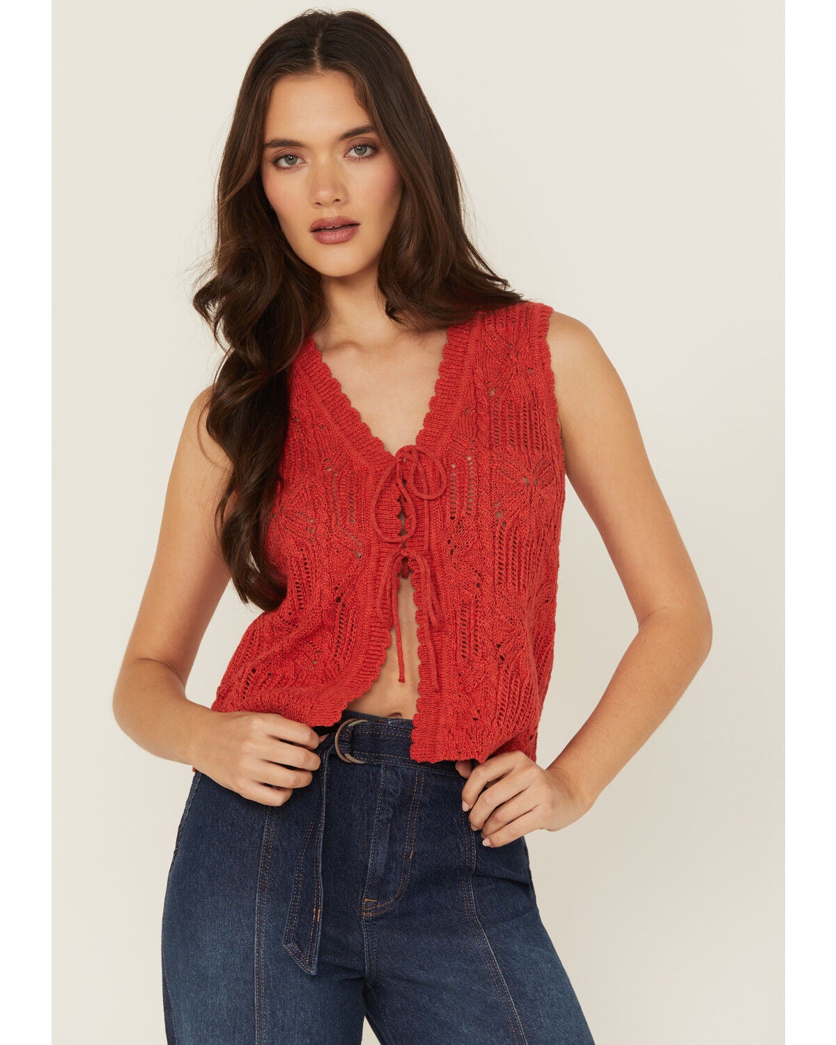 Shyanne Women's Tie-Front Crochet Sweater Vest, Red, hi-res