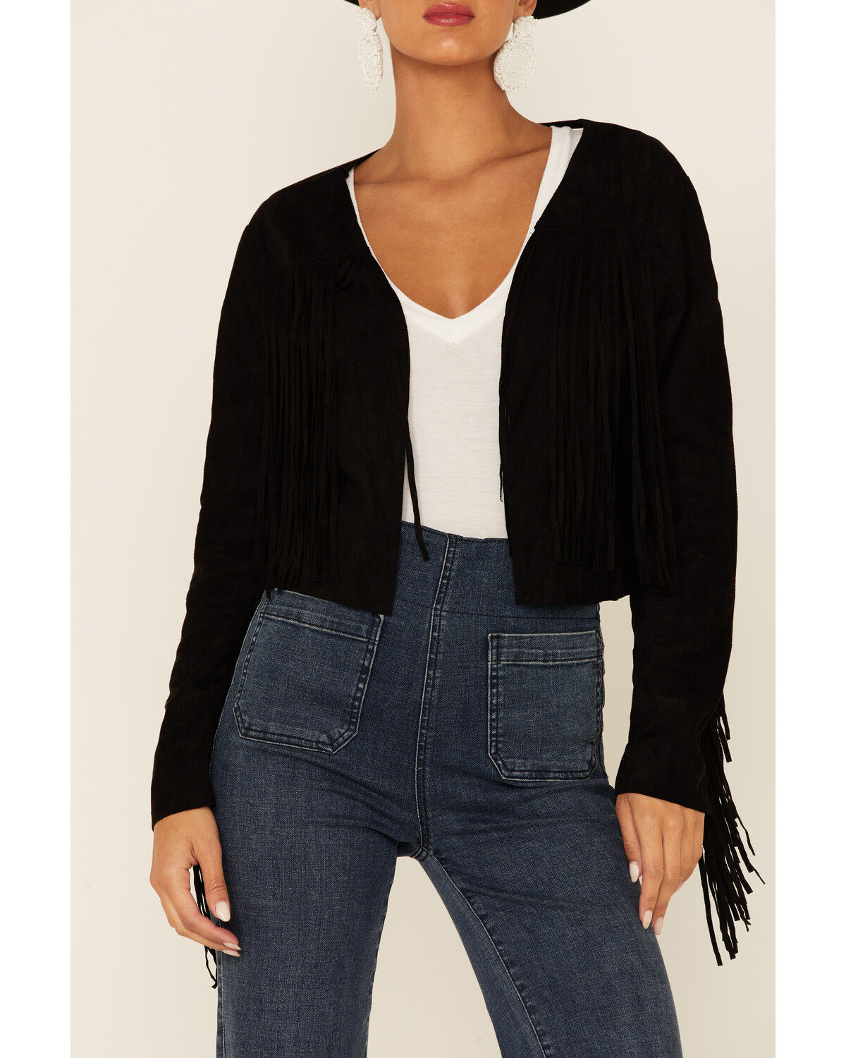 Image #2 - Vocal Women's Faux Suede Western Fringe Jacket, Black, hi-res