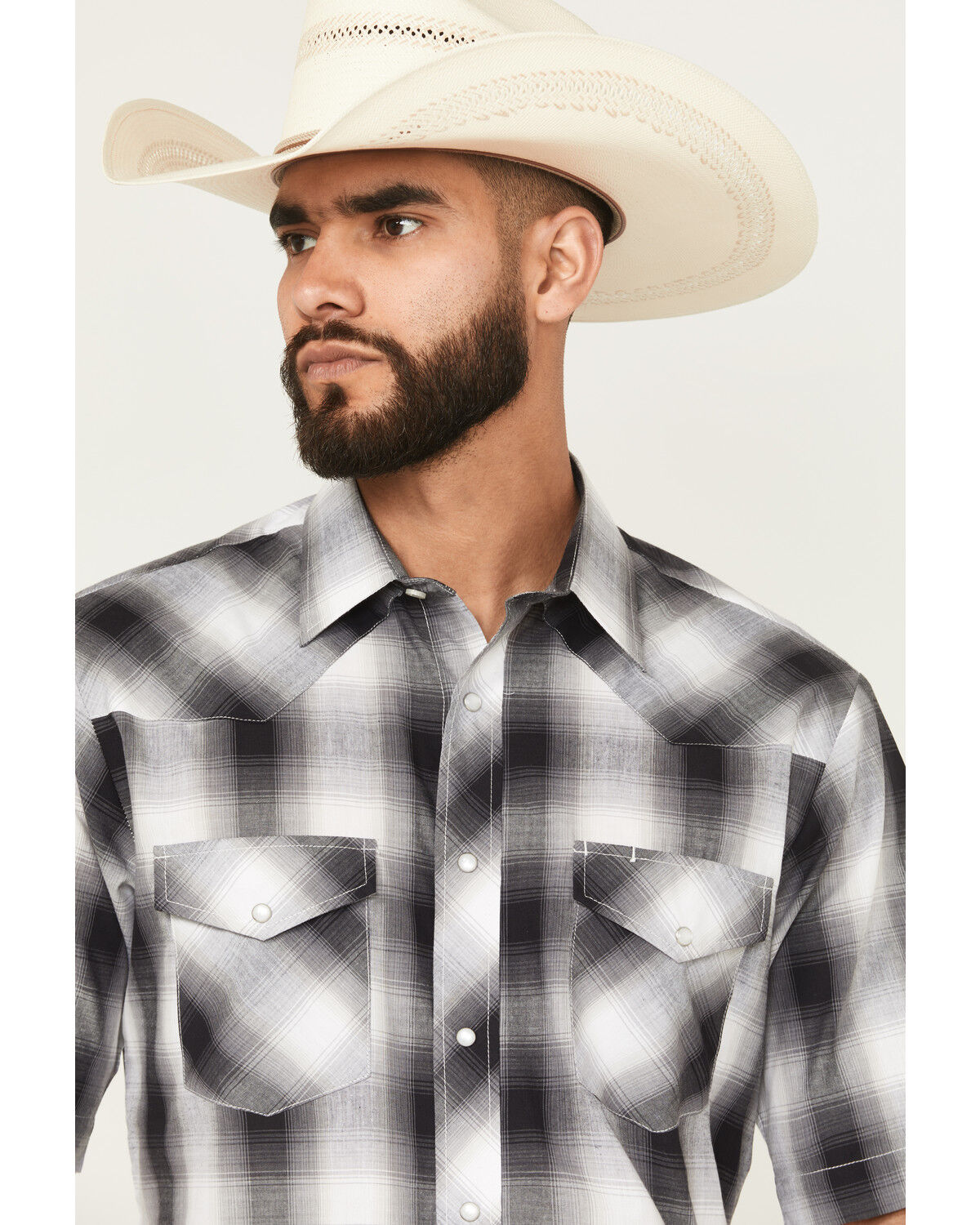 Image #2 - Roper Men's Plaid Print Short Sleeve Snap Western Shirt, Grey, hi-res