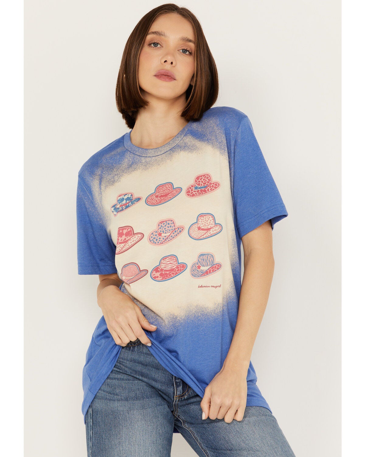 Bohemian Cowgirl Women's Bleach Americana Hats Short Sleeve Graphic Tee, Blue, hi-res