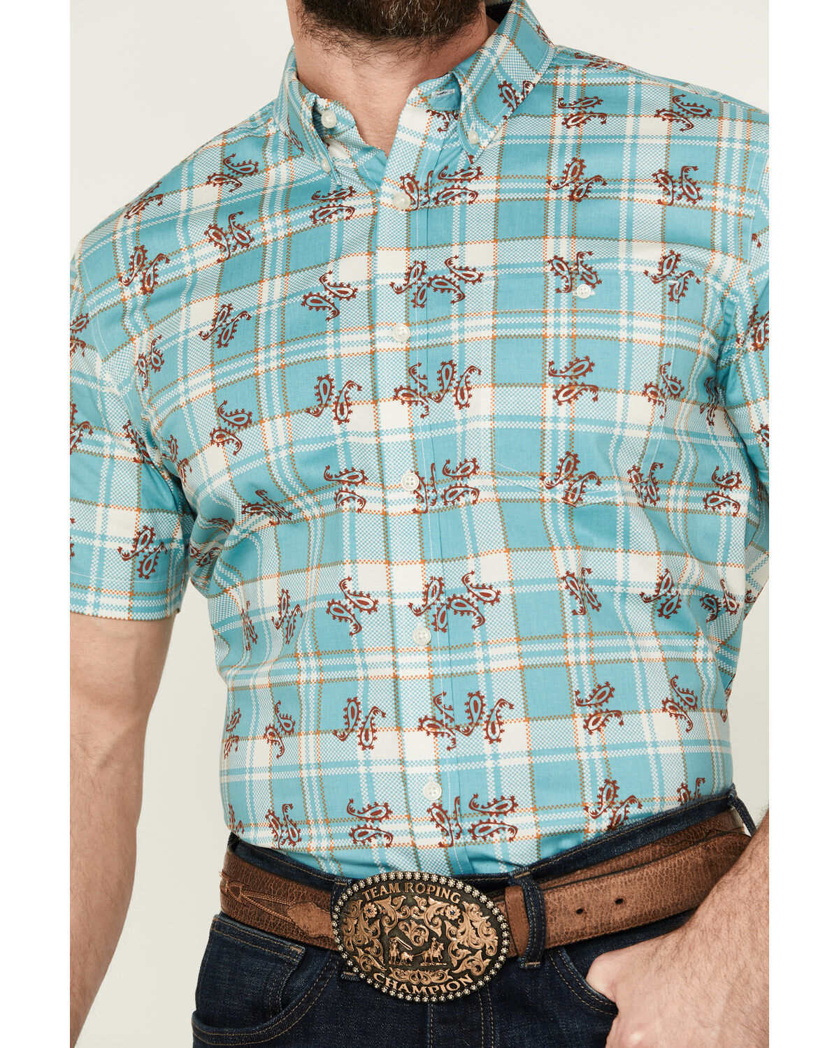 Image #3 - RANK 45® Men's Folklore Plaid Print Short Sleeve Button-Down Performance Stretch Western Shirt, Teal, hi-res